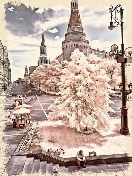 Historisches Zentrum Der Stadt Kreml Und Manezhnaya Platz Ölfarbe Auf — Stockfoto