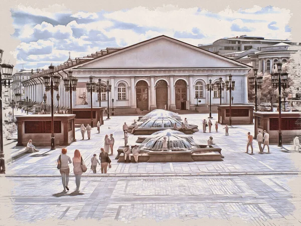 Şehrin Tarihi Merkeziydi Manezhnaya Meydanı Tuval Üzerine Yağlı Boya Fotoğraflı — Stok fotoğraf