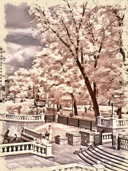 城市的历史中心 马涅兹纳亚广场和亚历山大花园帆布上的油画 图片与照片 模仿绘画 说明1 — 图库照片