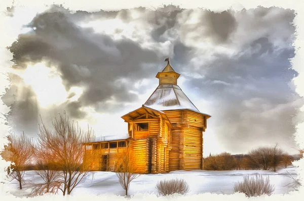 莫斯科市Kolomenskoye 古老的木制建筑 帆布上的油画 图片与照片 模仿绘画 说明1 — 图库照片
