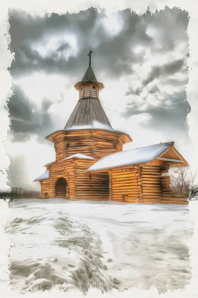 莫斯科市Kolomenskoye 古老的木制建筑 圣尼古拉斯卡累利阿修道院的通道门塔 帆布上的油画 图片与照片 模仿绘画 说明1 — 图库照片