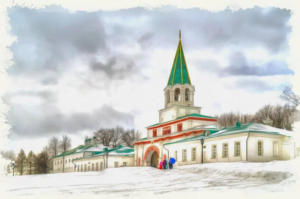 Kolomenskoye村的古代建筑建筑群 塔门帆布上的油画 图片与照片 模仿绘画 说明1 — 图库照片