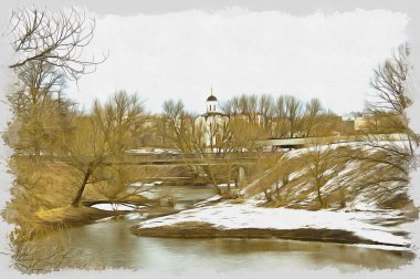 Riverbed of the little river Tmaka that flows next to Temple of the Holy Prince Mikhail of Tver. Oil paint on canvas. Picture with photo, imitation of painting. Illustration clipart