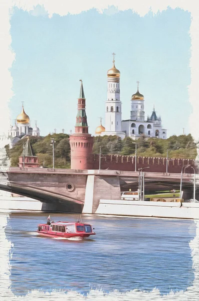 Vista Sobre Torres Kremlin Partir Lado Rio Moskva Tinta Óleo — Fotografia de Stock