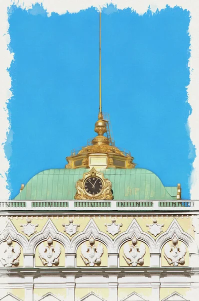 大克里姆林宫宫立面的碎片 上饰有俄罗斯国徽和钟声 帆布上的油画 图片与照片 模仿绘画 说明1 — 图库照片