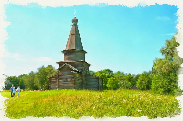 Old Timber Church Oil Paint Canvas Picture Photo Imitation Painting — Stock Photo, Image