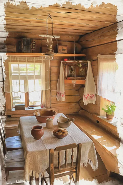 Zimmer Dorfhaus Ölfarbe Auf Leinwand Bild Mit Foto Nachahmung Der — Stockfoto