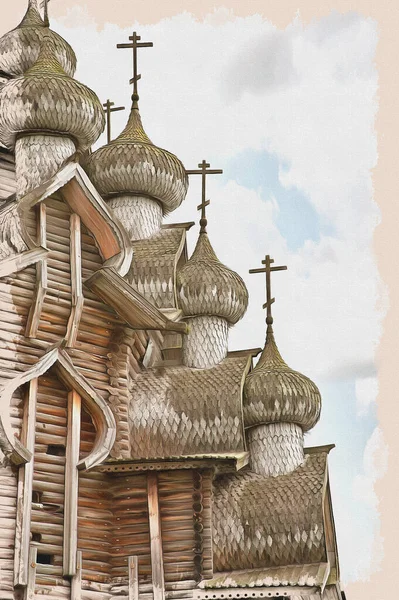 居家著名的木制教堂的变形在建筑博物馆的Kizhi Pogost 帆布上的油画 图片与照片 模仿绘画 说明1 — 图库照片