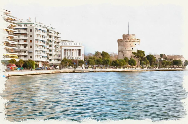 View Embankment City Side Aegean Sea White Tower Oil Paint — Stock Photo, Image