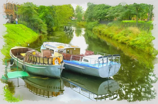 Лодки Припаркованы Кронверкском Канале Холст Масляная Краска Фото Фотографией Имитация — стоковое фото