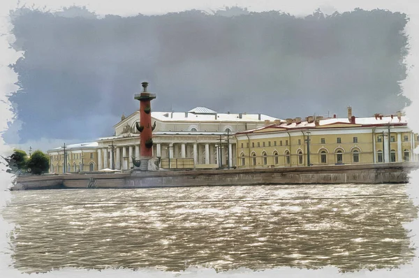 Uitzicht Vasilevsky Island Rostral Kolommen Bouw Van Beurs Door Rivier — Stockfoto