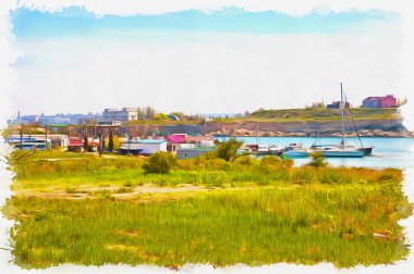 Chersonese harabeleriyle Sivastopol arasında bir körfez. Tuval üzerine yağlı boya. Fotoğraflı resim, resmin taklidi. Görüntü