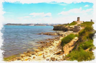 Chersonese şehri ve Sivastopol şehri harabeleri. Tuval üzerine yağlı boya. Fotoğraflı resim, resmin taklidi. Görüntü