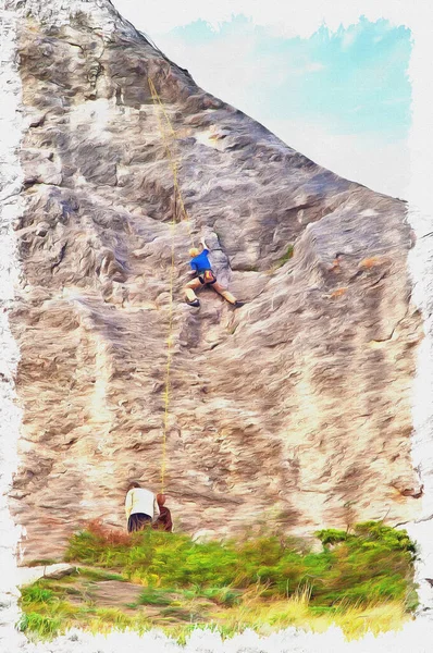 Sportsman Alpinist Climbing Cliff Oil Paint Canvas Picture Photo Imitation — Stock Photo, Image