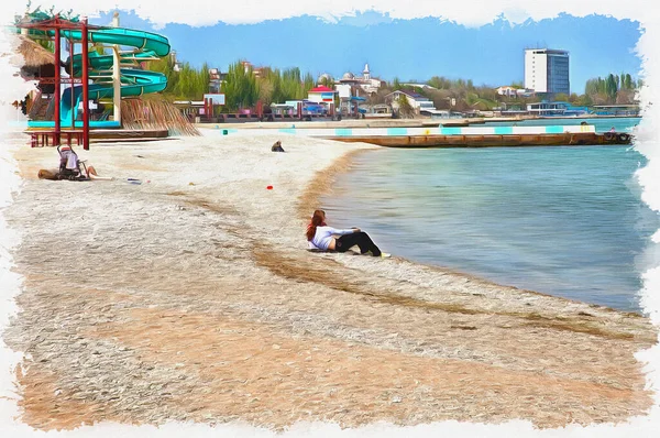 Côte Mer Noire Plage Sont Dans Ville Sudak Peinture Huile — Photo