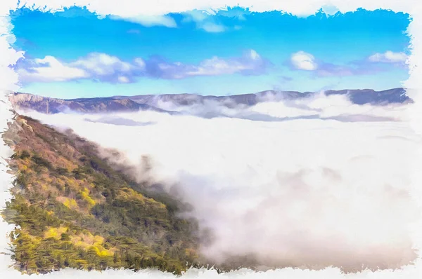 Λευκά Σύννεφα Στην Πλαγιά Του Ψηλού Βουνού Πέτρι Λάδι Καμβά — Φωτογραφία Αρχείου