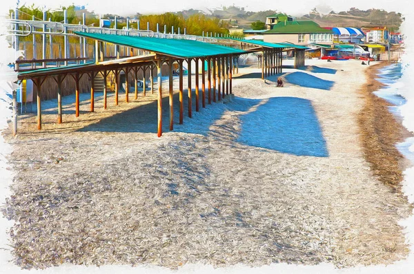 Una Costa Mare Nero Spiaggia Sono Città Sudak Pittura Olio — Foto Stock