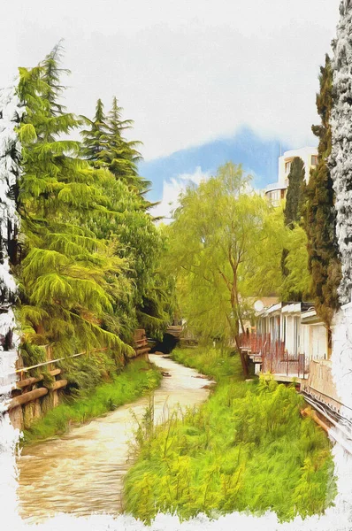 山の小さな川の都市ヤルタの中心部にリークします キャンバス上の油絵具 写真付きの画像 絵画の模倣 イラスト — ストック写真