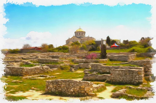 Ruins Ancient Greek City Ashore Black Sea Orthodox Temple Saint — Stock Photo, Image