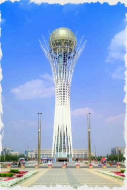 Bayterek Kulesi 'nin yanında ülkenin sembolü olan ana meydan. Tuval üzerine yağlı boya. Fotoğraflı resim, resmin taklidi. Görüntü 