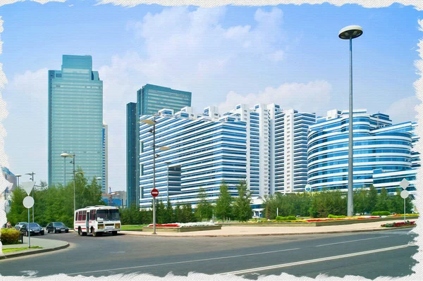 Beautiful Modern Houses Main Street City Nurzhol Boulevard Oil Paint — Stock Photo, Image