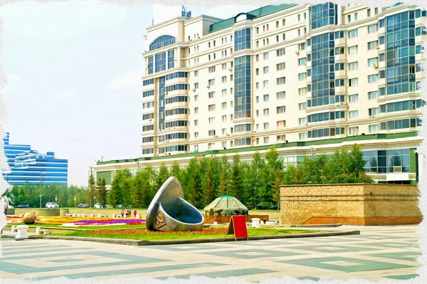 Beautiful Modern Houses Main Street City Nurzhol Boulevard Oil Paint — Stock Photo, Image