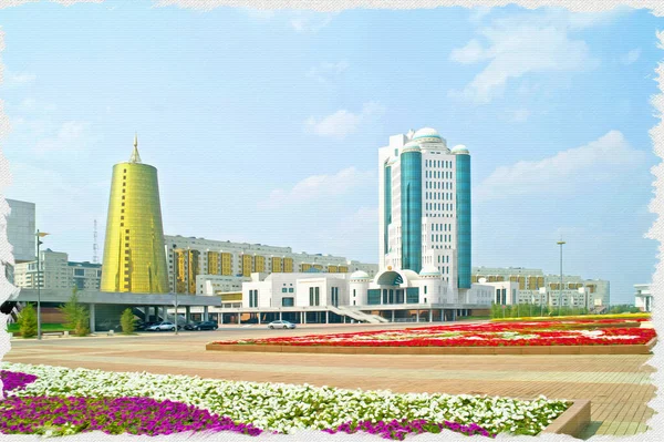 Gebouw Van Het Parlement Van Republiek Kazachstan Complex Overheidsgebouw Olieverf — Stockfoto