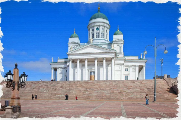 赫尔辛基芬兰福音路德教会主教堂 帆布上的油画 图片与照片 模仿绘画 说明1 — 图库照片