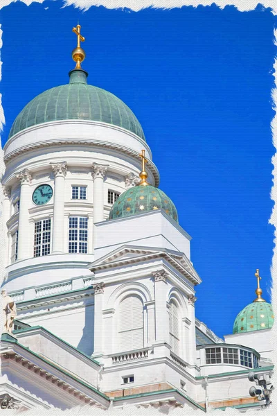 赫尔辛基芬兰福音路德教会主教堂 帆布上的油画 图片与照片 模仿绘画 说明1 — 图库照片