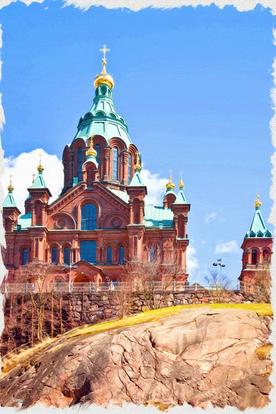 Maior Catedral Ortodoxa Está Cidade Helsinque Tinta Óleo Sobre Tela — Fotografia de Stock