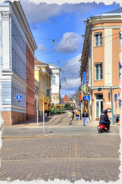 Straat Machines Gevels Van Huizen Stad Helsinki Olieverf Doek Foto — Stockfoto