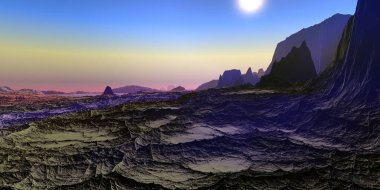 Fantezi uzaylı gezegeni. Dağ. 3B illüstrasyon