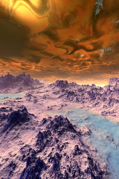 ファンタジーエイリアン惑星 山と湖 3Dイラスト — ストック写真