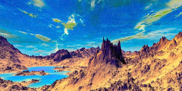 Fantasy Alien Planet Mountain Lake Illustration — Stock Photo, Image