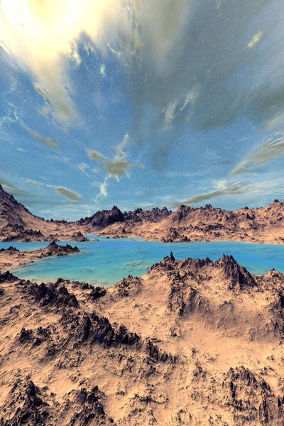 Fantezi Uzaylı Gezegeni Dağ Göl Illüstrasyon — Stok fotoğraf