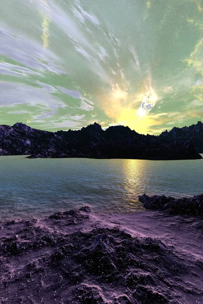 Obca Planeta Fantazji Góra Jezioro Ilustracja — Zdjęcie stockowe