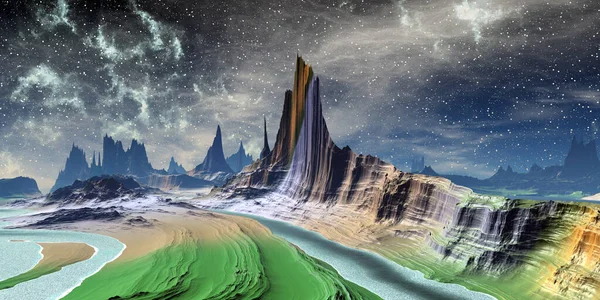 Planète Extraterrestre Fantastique Montagne Lac Illustration — Photo