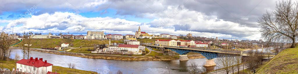 View of the city of Grodno from the banks of the Neman River. Panorama 