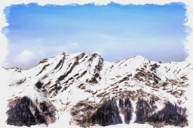 Tuval üzerine yağlı boya. Fotoğraflı resim, resmin taklidi. İllüzyon. Ritsa Gölü 'nün eteğindeki Pshegishhva Dağı. Abhazya