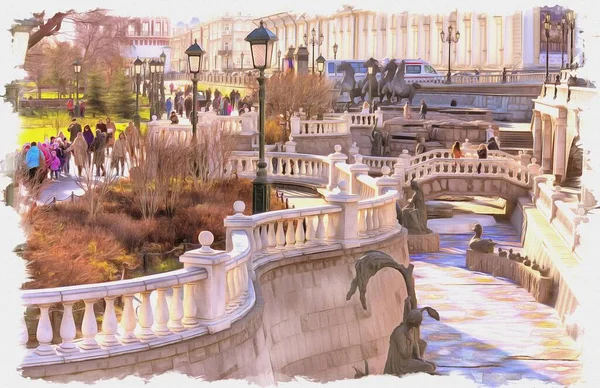 帆布上的油画 图片与照片 模仿绘画 莫斯科市亚历山大花园的栏杆 — 图库照片