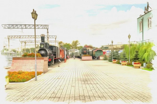キャンバス上の油絵具 写真付きの画像 絵画の模倣 イラスト 旧鉄道設備 — ストック写真