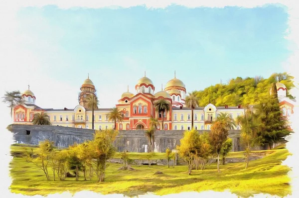 キャンバス上の油絵具 写真付きの画像 絵画の模倣 イラスト アトス山の古代キリスト教修道院の建物の複合体 — ストック写真