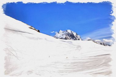 Tuval üzerine yağlı boya. Fotoğraflı resim, resmin taklidi. İllüzyon. Dağ beldesi Dombay 'ın yamaçlarında ideal kayak.