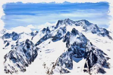 Tuval üzerine yağlı boya. Fotoğraflı resim, resmin taklidi. İllüzyon. İklim ve kayak merkezi Dombay 'daki dağlardan biri.