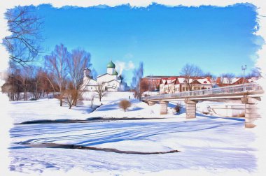Tuval üzerine yağlı boya. Fotoğraflı resim, resmin taklidi. İllüzyon. Pskov nehrinin kıyısında Zapskovye ile Epifani Kilisesi