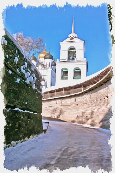 Olieverf Doek Foto Met Foto Imitatie Van Schilderkunst Illustratie Pskov — Stockfoto