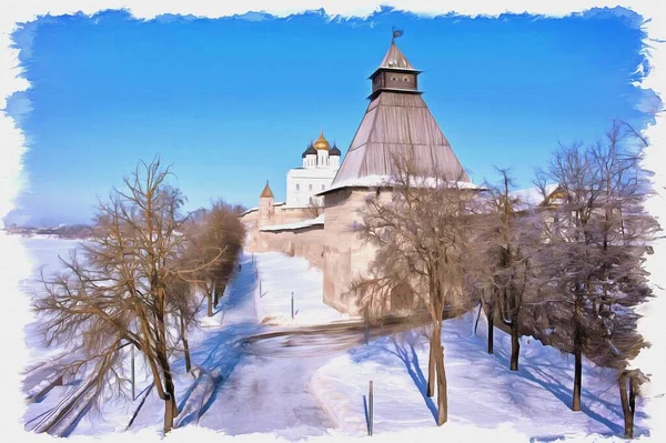 Oljemaling Lerret Bilde Med Foto Etterligning Maleri Illustrasjon Pskov Festning – stockfoto