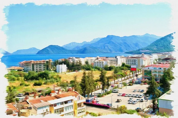 Berg Resortstad Marmaris Het Zuidwesten Van Het Land Olieverf Doek — Stockfoto