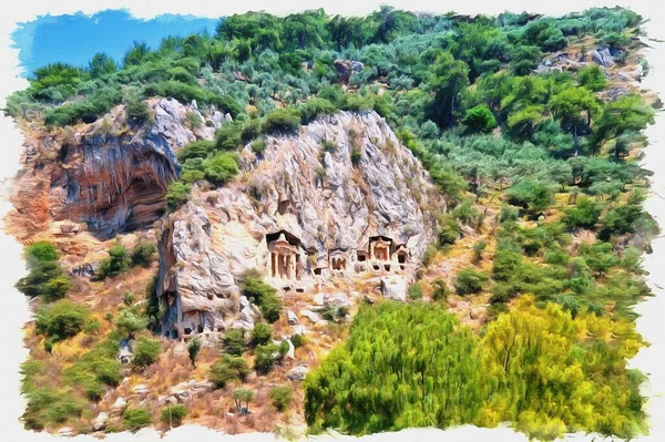 帆布上的油画 图片与照片 模仿绘画 墓葬在岩层中被砍倒了 土耳其的地标 — 图库照片