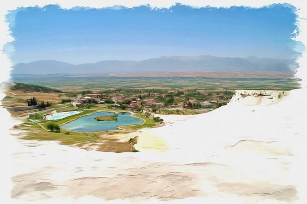 Kompleks Geotermalnych Źródeł Pamukkale Południowym Zachodzie Turcji Farba Olejna Płótnie — Zdjęcie stockowe